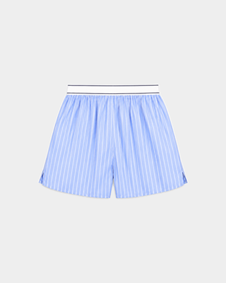 Beth Serif Logo Boxer - Blue Striped, crafted from breathable cotton with light blue pinstripes, features a relaxed fit and a white waistband labeled Sporty & Rich, displayed on a plain background.