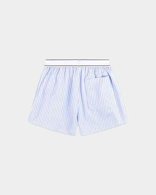 Beth Serif Logo Boxer - Light Blue Striped boxer shorts with a white elastic waistband featuring black text.
