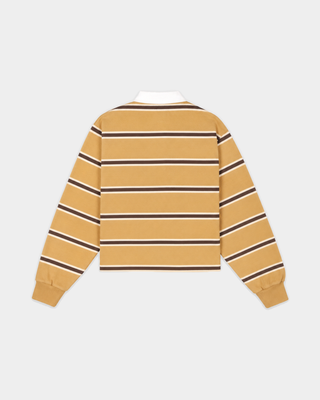 Blondie Serif Logo Rugby Polo in camel, chocolate, and cream horizontal stripes with a white collar.