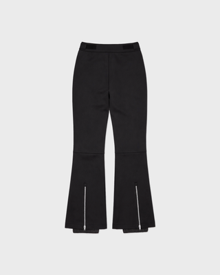 Boso Bold Logo Ski Pants in black technical stretch fabric with zippered pockets and red text on the left leg.