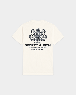Off-white Cameron SR Hotel Tshirt with a blue graphic logo on the left chest.