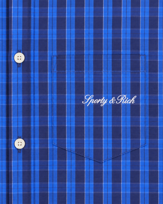Coco Signature Logo Oversized Shirt in a relaxed-fit, long-sleeved blue checkered button-down style with a pocket.