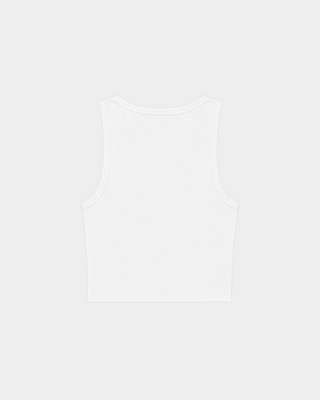 Prici Signature Logo Comfort Baby Tank in white, displayed sleeveless and laid flat on a light gray background.