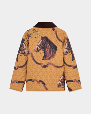 Darcy Vendome Quilted Jacket - Camel/Tan with a brown corduroy collar, horse print, and a snap-button front.