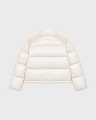 A cream-colored puffer jacket with a stand-up collar and zippered front, displayed on a light gray background.