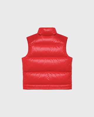 Red Devano Bold Logo Mountain Puffer Vest with a high collar and white chest logo in technical nylon.