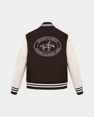 Diana Riding Club Wool Varsity Jacket in chocolate and oatmeal with a circular horse-and-rider logo on the chest.