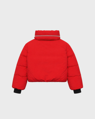 Bright red Drea Bold Logo Ski Jacket - Rosso with black text on the left sleeve and zippered pockets.