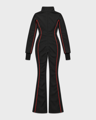 Dulce Bold Logo Hooded Ski Suit in black with a front zipper and red piping accents.