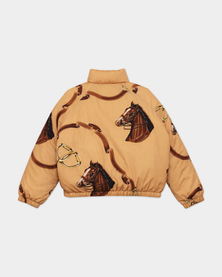 Dustin Vendome Snow Puffer - Camel: tan puffer jacket with a brown horse head and bridle print.