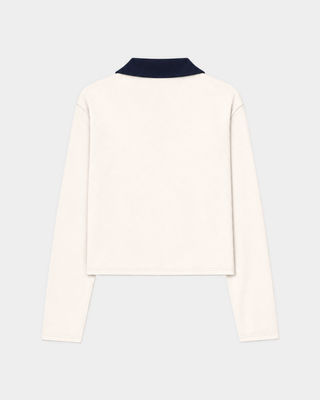 Introducing the Edgar Signature Logo Polo Top in Off White/Dark Navy, crafted from breathable cotton for all-day comfort. This long-sleeve shirt features a contrasting dark navy collar and signature logo text on the chest, designed with an oversized fit to deliver effortless style and laid-back ease.