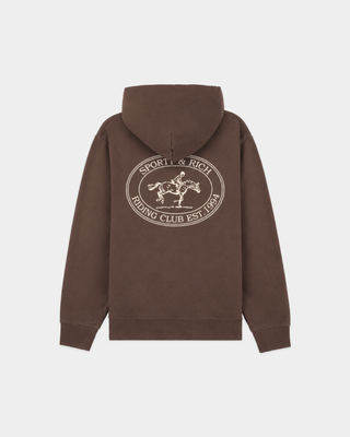 Brown vintage Elaine Riding Club Hoodie - Chocolate with a circular logo on the chest.