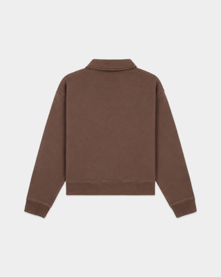 Elfa Vendome Script Embroidered Open Polo - Chocolate: an oversized brown fleece polo with a white chest logo.