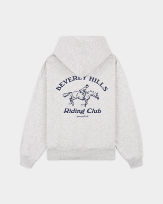 Eliana BH Riding Club Zip Hoodie in heather gray with a navy blue chest graphic.