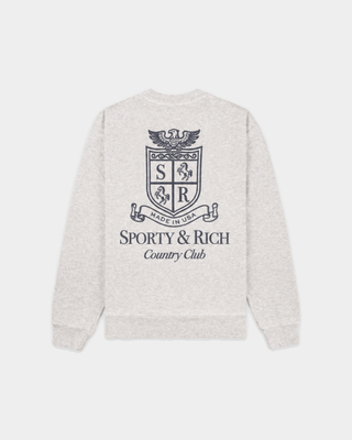 Heather Gray Emmett Srcc Crewneck with a navy blue crest logo on the chest.