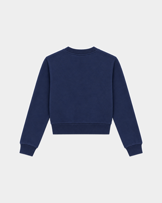 Essia SR Emblem Fleece Cardigan in Dark Navy, featuring a cropped fit with snap-button front and a Sporty & Rich crest logo on the left chest, inspired by the classic Fleece Cardigan.