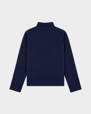 Ezia Serif Logo Zipped Polar Fleece in dark navy and white, featuring a white zipper and pocket accents, plus an adjustable hem for a tailored fit—ideal as a cozy winter layer, shown laid flat on a white background.