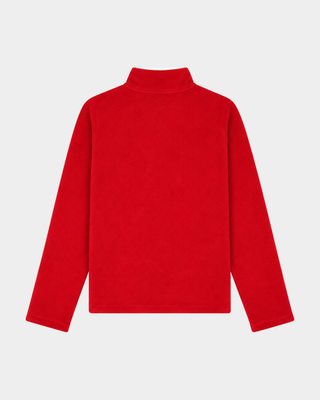The Ezia Serif Logo Zipped Polar Fleece in Ruby/White features a bright red color with white trim, two front pockets, an adjustable hem for a perfect fit, and a small left chest logo—making it the ideal winter layer.