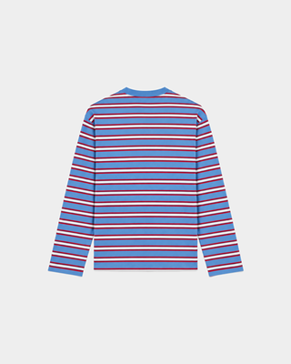 Fale Signature Logo Easy Longsleeve - Blue Red Striped features a relaxed fit with red, white, and blue horizontal stripes and a contrasting blue collar on a crisp white background. This easy longsleeve is the perfect layering piece for casual outfits.