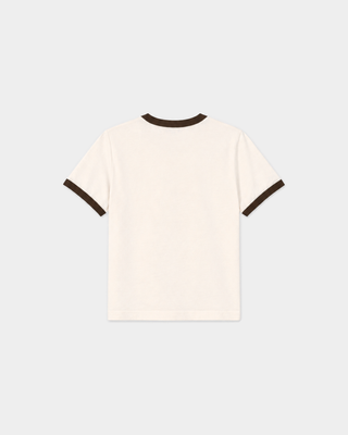 Fatou Riding Club Ringer Tee in cream with chocolate trim and a vintage athletic horse graphic.