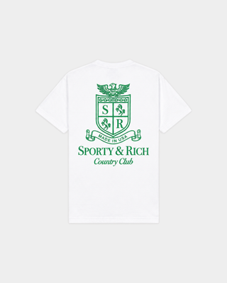 Fema SRCC Tshirt - White: unisex short-sleeve cotton T-shirt with a green Sporty & Rich Country Club chest crest.