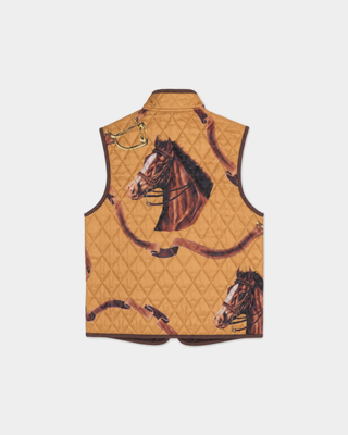 Gemma Vendome Quilted Riding Vest - Camel/Chocolate, a tan quilted equestrian vest with a horse and ribbon print.