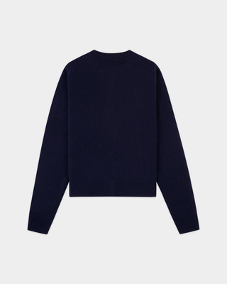Idali S Logo Cashmere Cardigan in dark navy, crafted from luxurious cashmere with long sleeves, displayed laid flat on a white background.