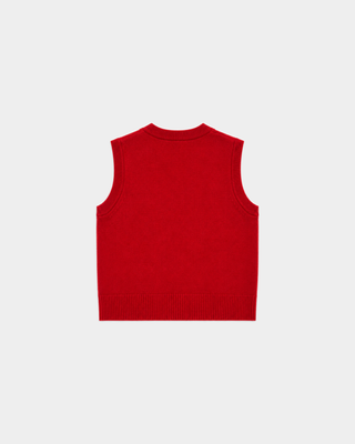 Inao Signature Logo Cashmere Vest in Ruby, a sleeveless V-neck design in vibrant red cashmere, laid flat on a plain white background—ideal for stylish cold-weather layering.