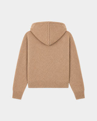 Isac S Logo Cashmere Zip Hoodie in camel, featuring a drawstring hood and an embroidered chest logo.