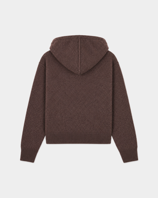 Chocolate Isac S Logo Cashmere Zip Hoodie with a hood, drawstrings, and front pockets.