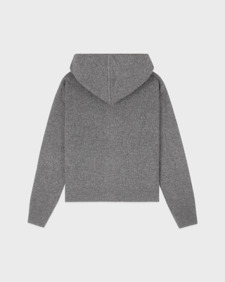 Isac S Logo Cashmere Zip Hoodie in medium heather gray with a drawstring hood and a small embroidered chest logo.