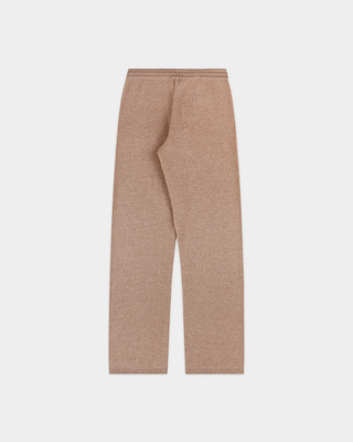 Ivana S Logo Cashmere Trousers in taupe, featuring a wide-leg silhouette, comfortable drawstring waist, and side pockets, crafted from a luxurious cashmere-wool blend and displayed on a white background.