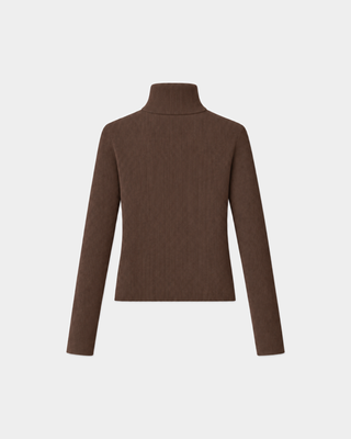 Jacoba Horse Ribbed Turtleneck - Chocolate: brown ribbed merino wool with a white line drawing of a person on a horse.