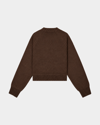 Jadene Horse Knitted Boxy Sweater in chocolate, featuring a white embroidered graphic of a person riding a horse.