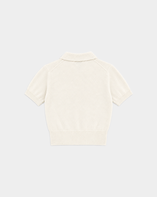 Jannie Signature Logo Cashmere SS Cardigan in Off White, featuring a short-sleeve cropped design with front buttons, displayed on a plain background.