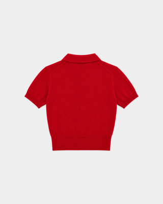 Jannie Signature Logo Cashmere SS Cardigan in Ruby featuring a short-sleeve button-up design with a collar and cropped length, laid flat on a white background.