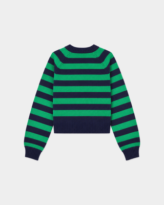 Julietta Striped Knitted Sweater - Dark Navy: a 100% wool crewneck with horizontal navy blue and green stripes.