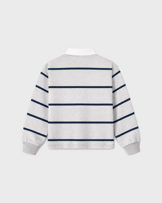 Kao Serif Logo Kids Rugby Polo in heather grey and navy with a white collar and a small logo on the chest.