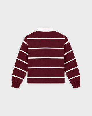 Kao Serif Logo Kids Rugby Polo - Merlot/White in a breathable maroon and white striped design with a white collar.