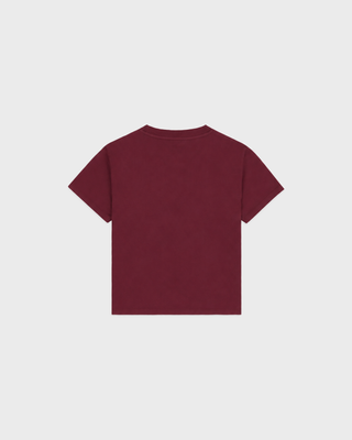 Karen California Emblem Kids Tshirt - Merlot: a soft, maroon short-sleeved tee with a white Sporty & Rich graphic.