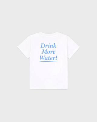 White Karen Drink More Water Kids Tshirt with blue Sporty&Rich text on the chest.