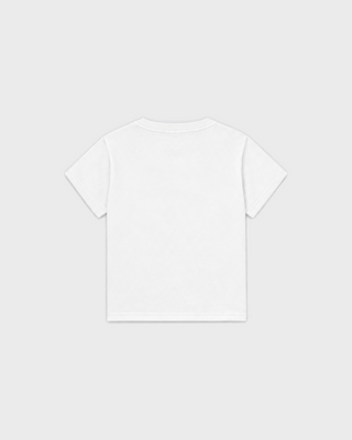 Karen Wellness Ivy Kids Tshirt - White: soft, breathable short-sleeve tee with WELLNESS in dark red varsity lettering.