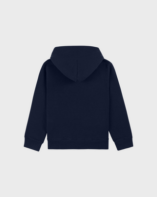 Dark navy Katie NY Crest Kids Hoodie in soft cotton polyester fleece with a white crest logo on the chest.