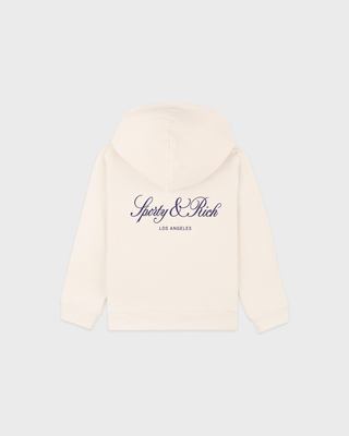 A cream hooded sweatshirt with a small navy blue sporty&rich logo printed on the left chest, displayed against a light gray background.