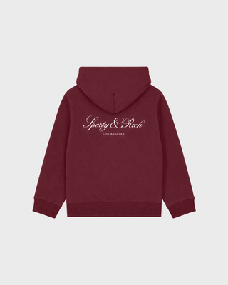 Katie Vendome LA Kids Hoodie in merlot, a soft fleece pullover with embroidered Sporty & Rich Los Angeles lettering.
