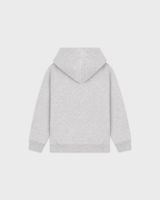 Katie Wellness Ivy Kids Hoodie in heather gray, a soft fleece pullover with a hood, front pocket, and WELLNESS print.