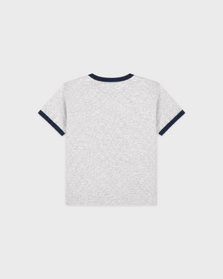 Kim NY Crest Kids Ringer Tee in heather grey with dark navy trim and a chest crest logo.