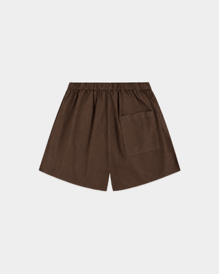 Loly Signature Logo Ring Short in chocolate, a breathable cotton boxer-style short with an elastic waist and button fly.