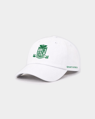 Maeve SRCC Hat - White, a vintage baseball cap with an adjustable back and green crest logo on the front.