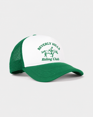 Mika BH Riding Club Trucker Hat in white and kelly green with a Beverly Hills Riding Club graphic.